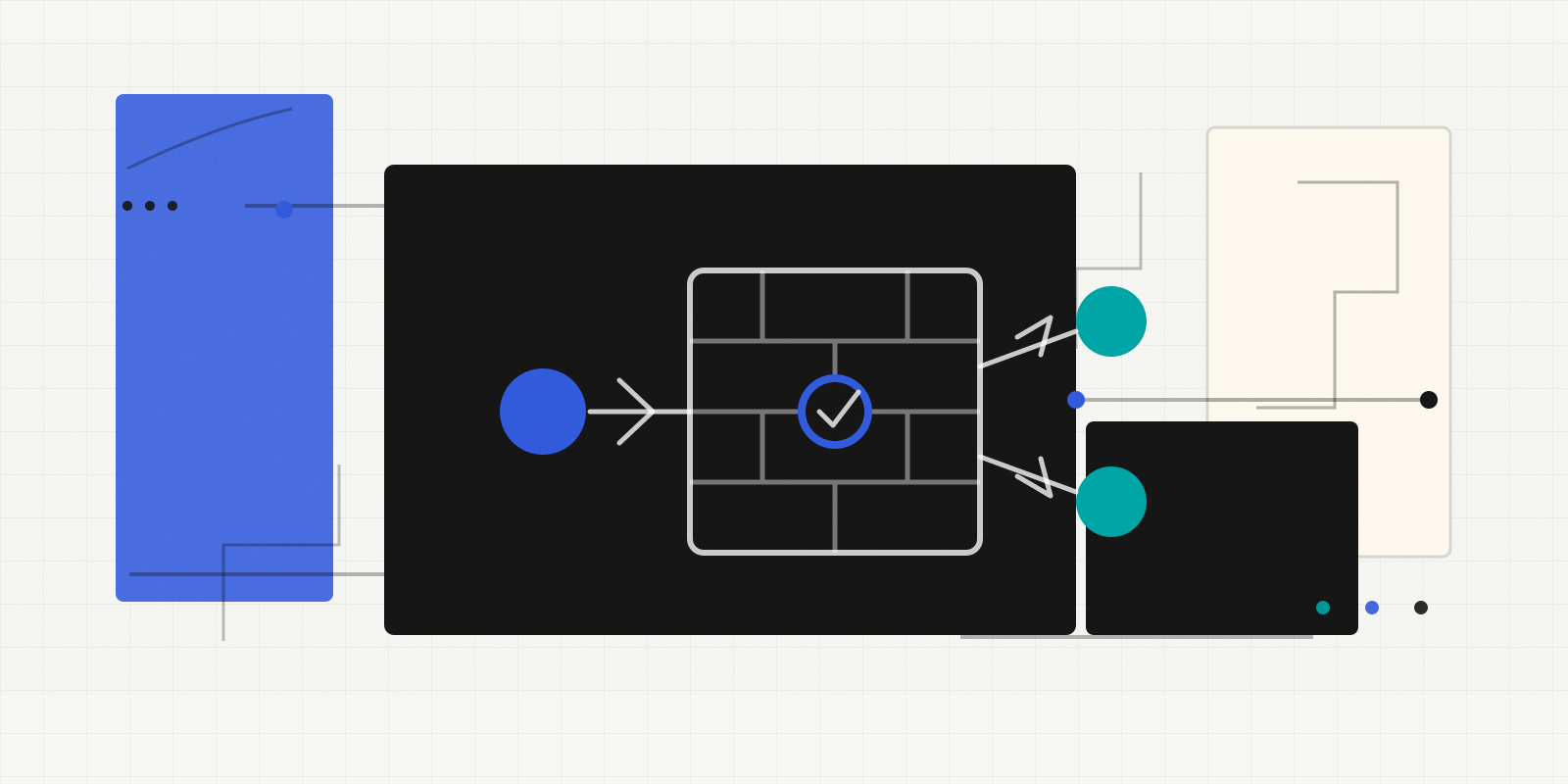 Abstract network firewall migration diagram with routed paths and verification checkpoints